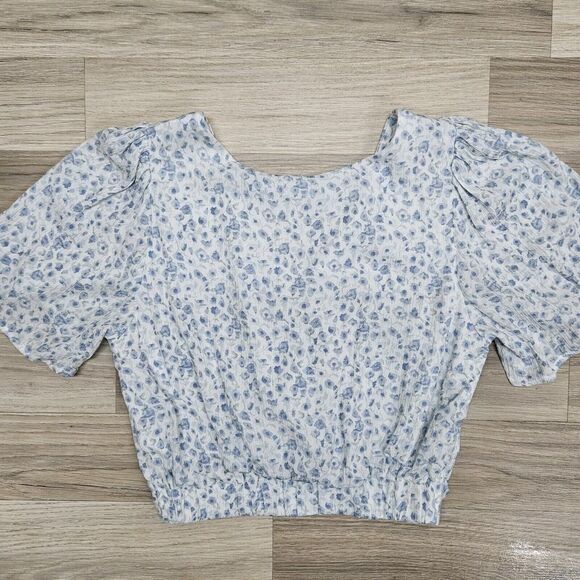 Abercrombie & Fitch Womens White Blue Floral Crop Top Small Flutter Sleeves - Picture 6 of 6